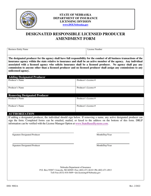 Form DOI-9002A Designated Responsible Licensed Producer Amendment Form - Nebraska