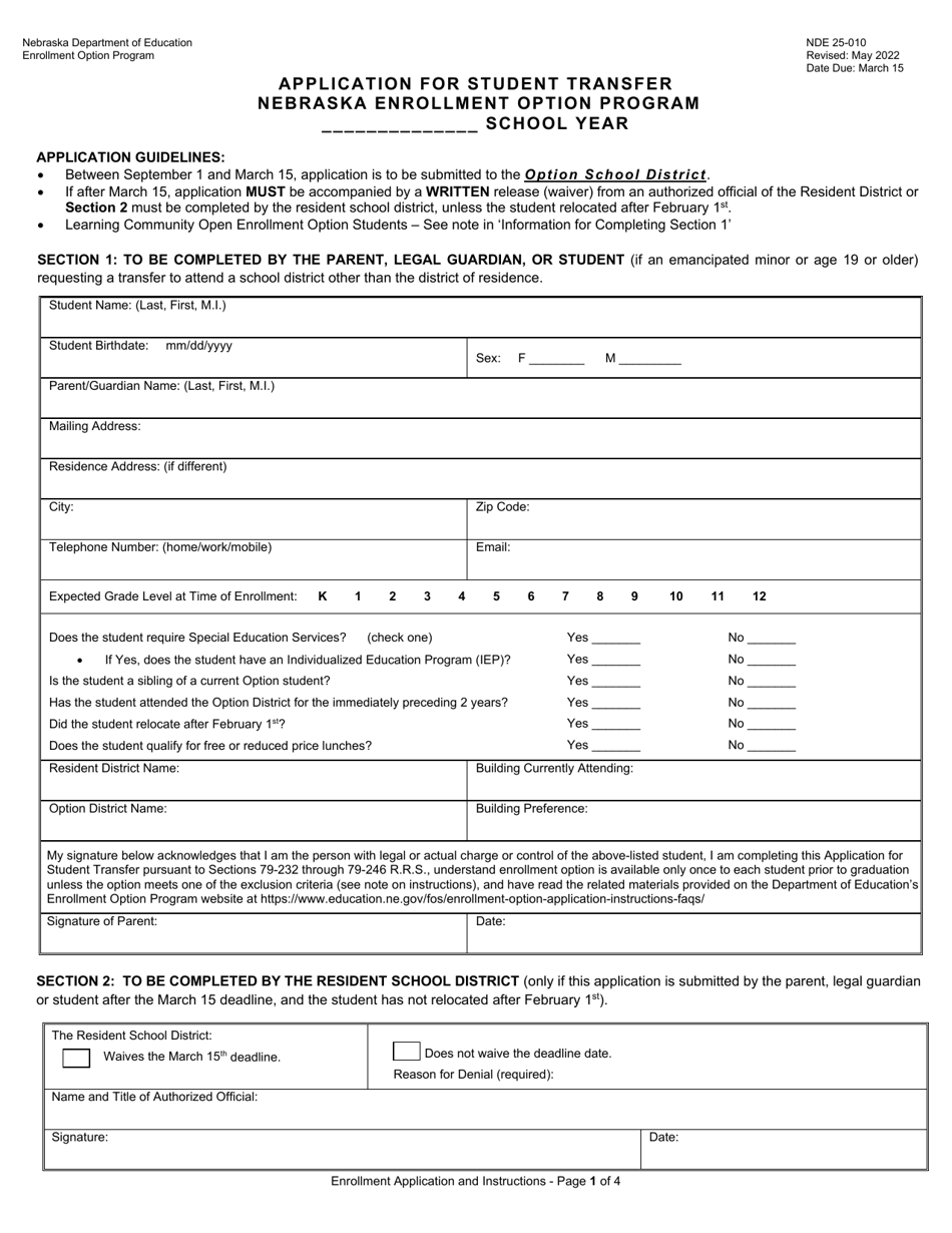 Form NDE25-010 Application for Student Transfer - Nebraska Enrollment Option Program - Nebraska, Page 1