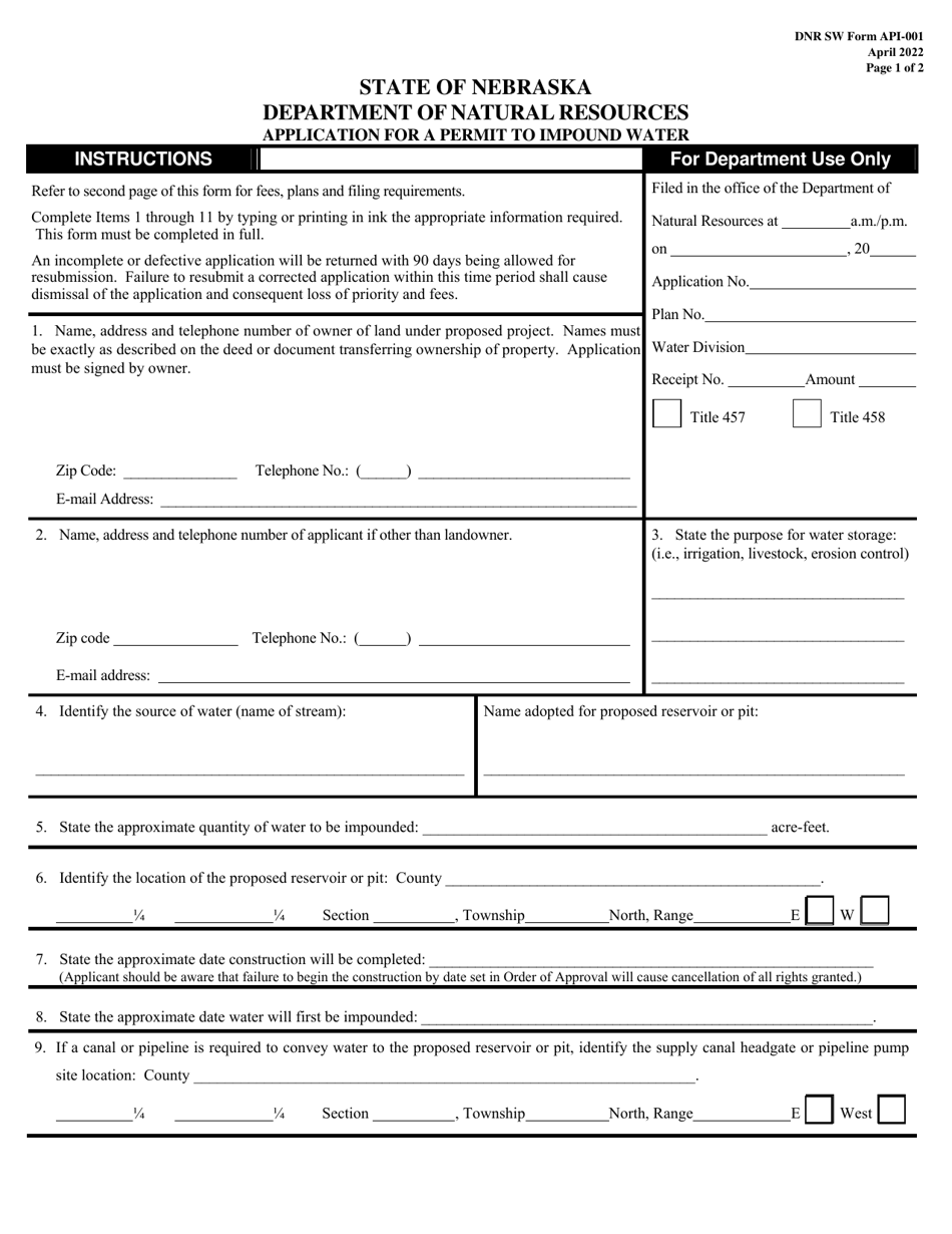 NeDNR SW Form API-001 Application for a Permit to Impound Water - Nebraska, Page 1