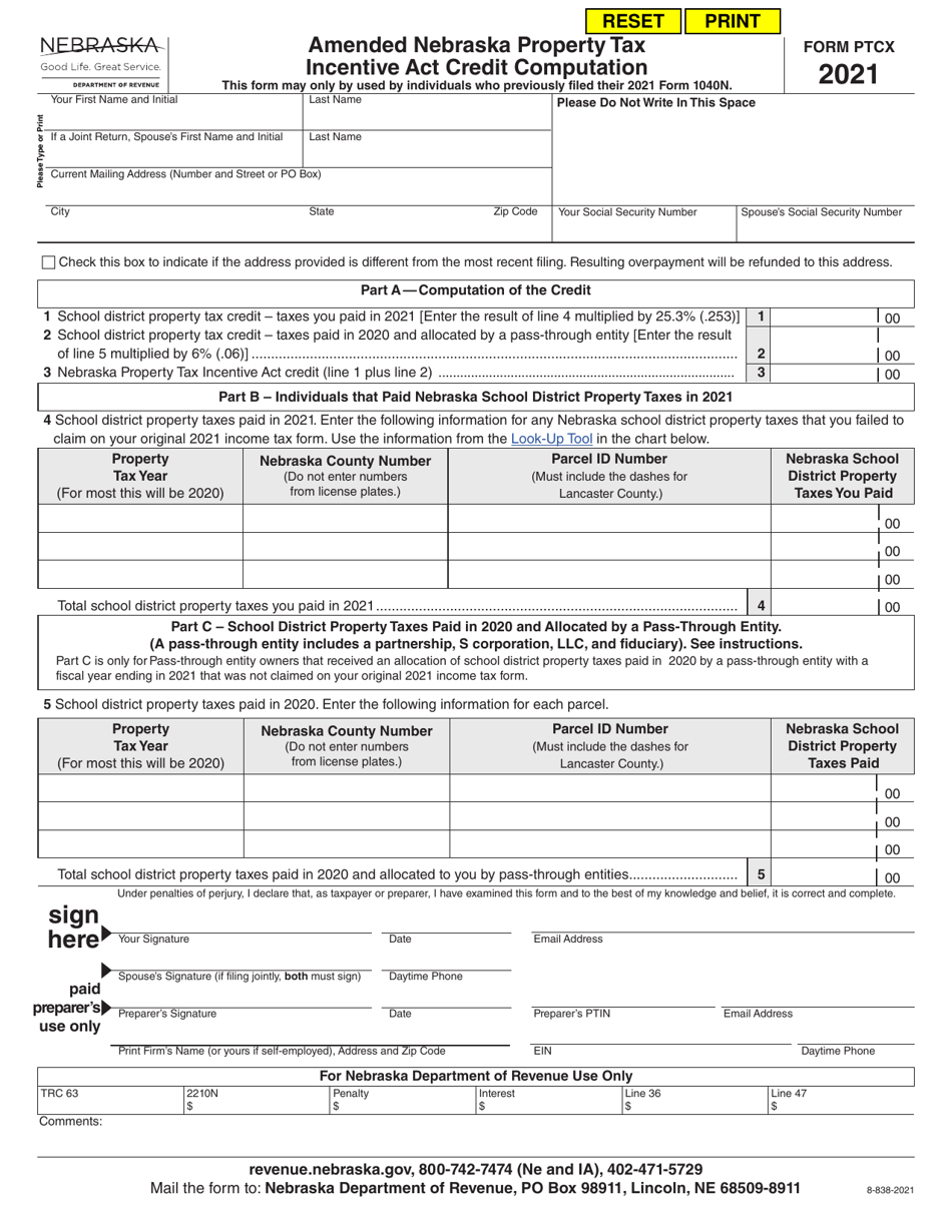 Form PTCX Amended Nebraska Property Tax Incentive Act Credit Computation - Nebraska, Page 1