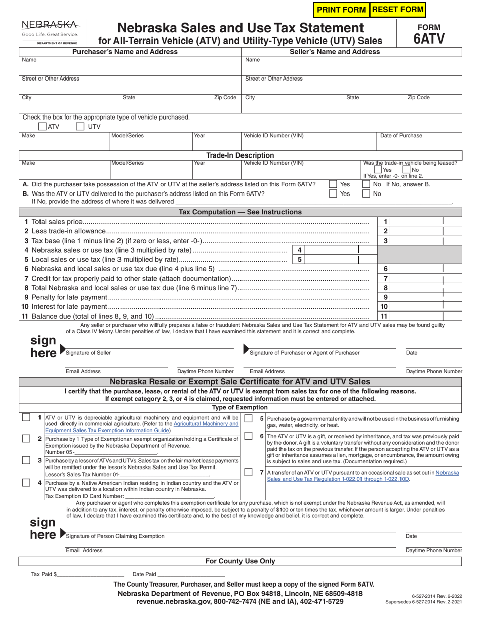 Form 6ATV Download Fillable PDF or Fill Online Nebraska Sales and Use ...