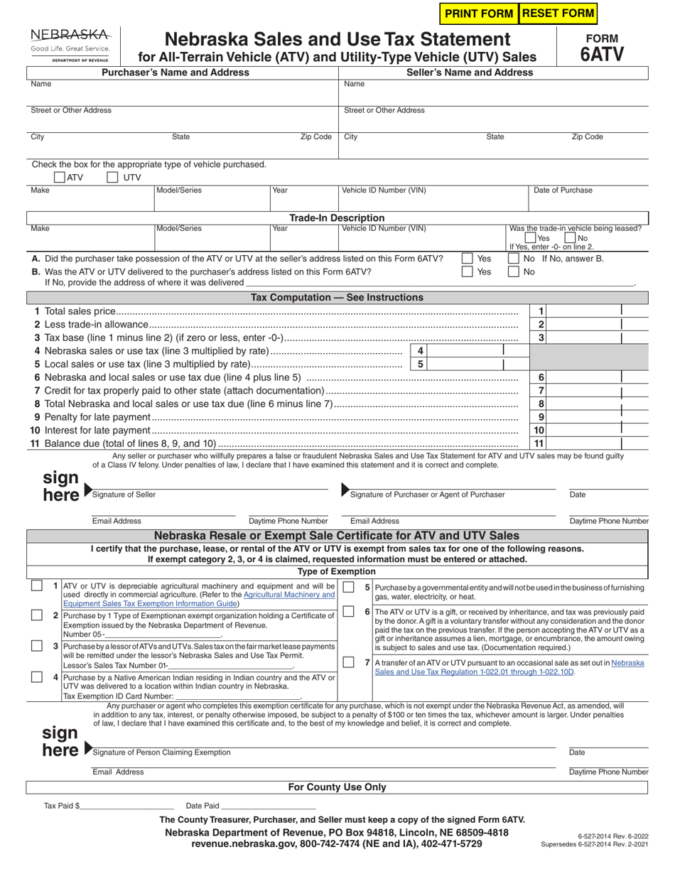 Form 6ATV Nebraska Sales and Use Tax Statement for All-terrain Vehicle (Atv) and Utility-type Vehicle (Utv) Sales - Nebraska, Page 1
