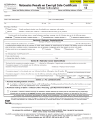 Document preview: Form 13 Nebraska Resale or Exempt Sale Certificate for Sales Tax Exemption - Nebraska