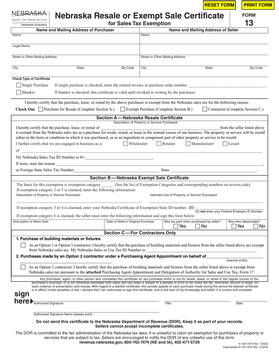 Form 13 Nebraska Resale or Exempt Sale Certificate for Sales Tax Exemption - Nebraska, Page 1