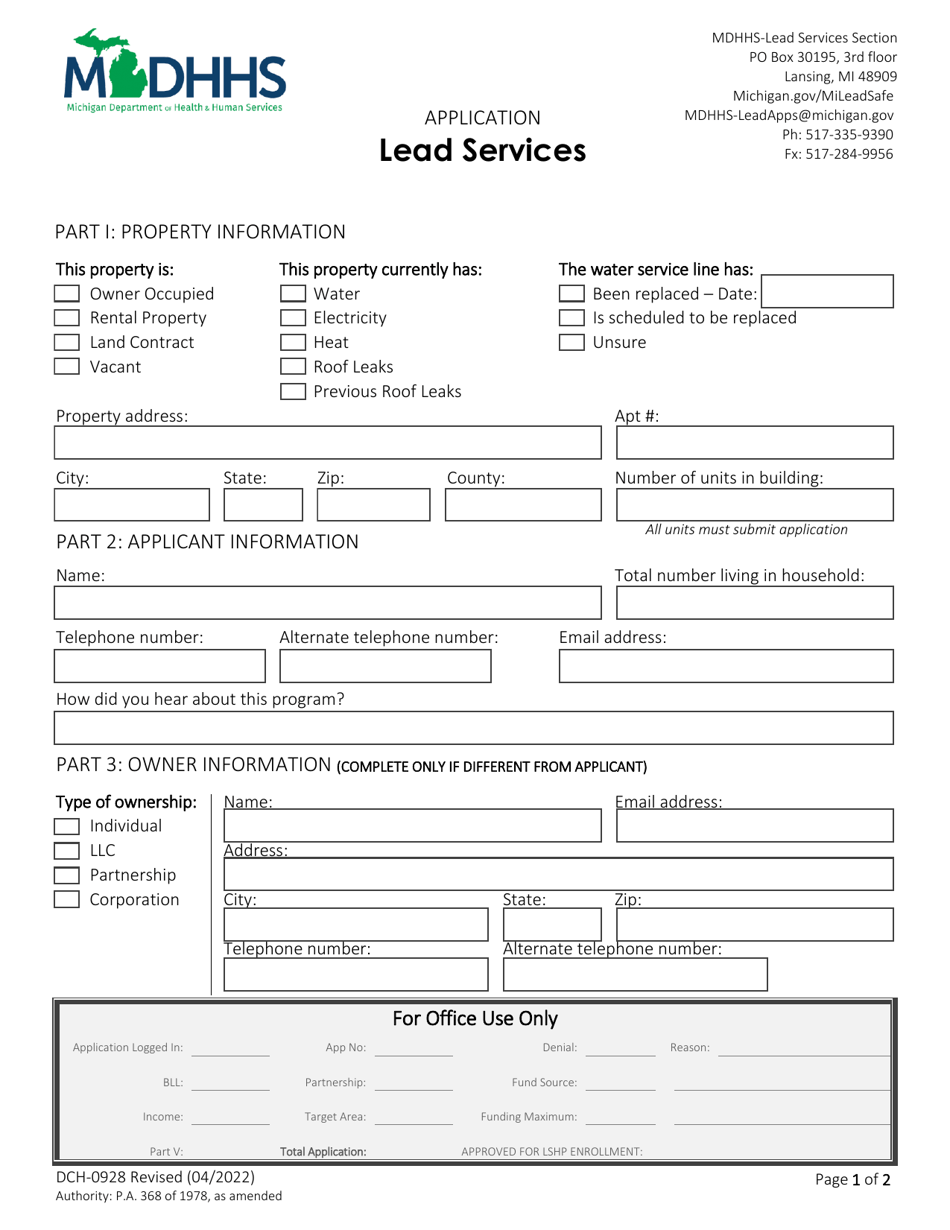 Form DCH-0928 Lead Services Application - Michigan, Page 1