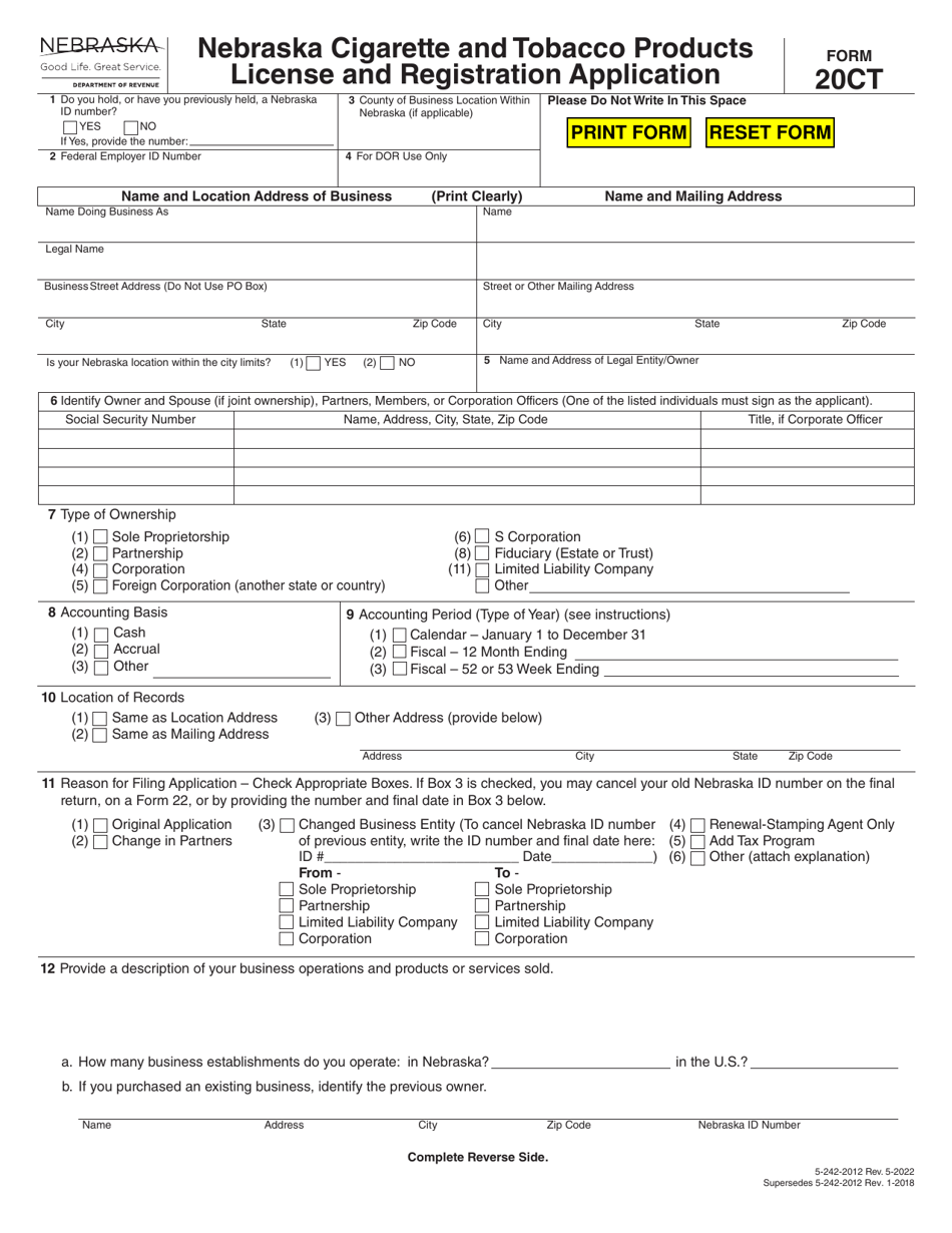 Form 20CT Nebraska Cigarette and Tobacco Products License and Registration Application - Nebraska, Page 1