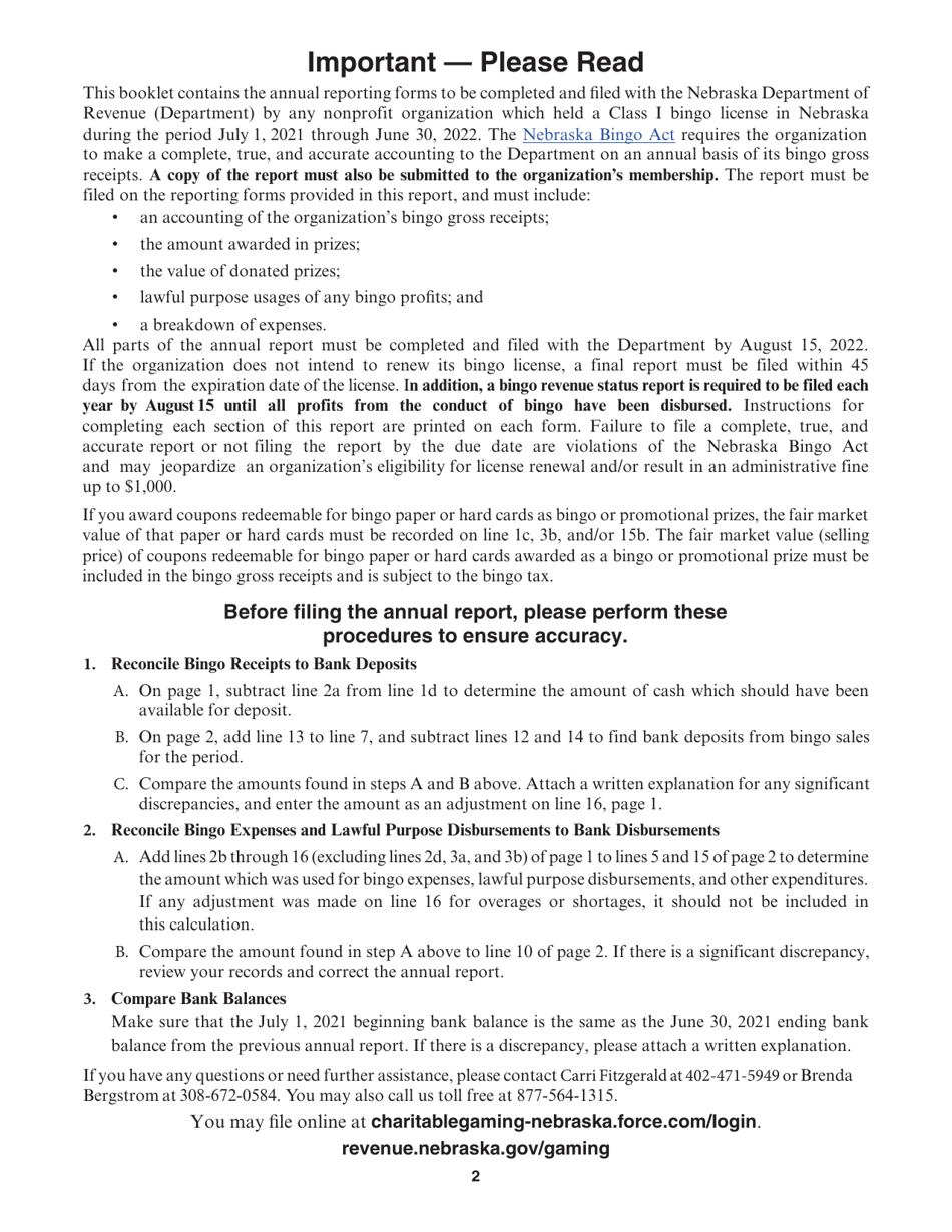 Form 35 Nebraska Class I Bingo Annual Report - Nebraska, Page 2