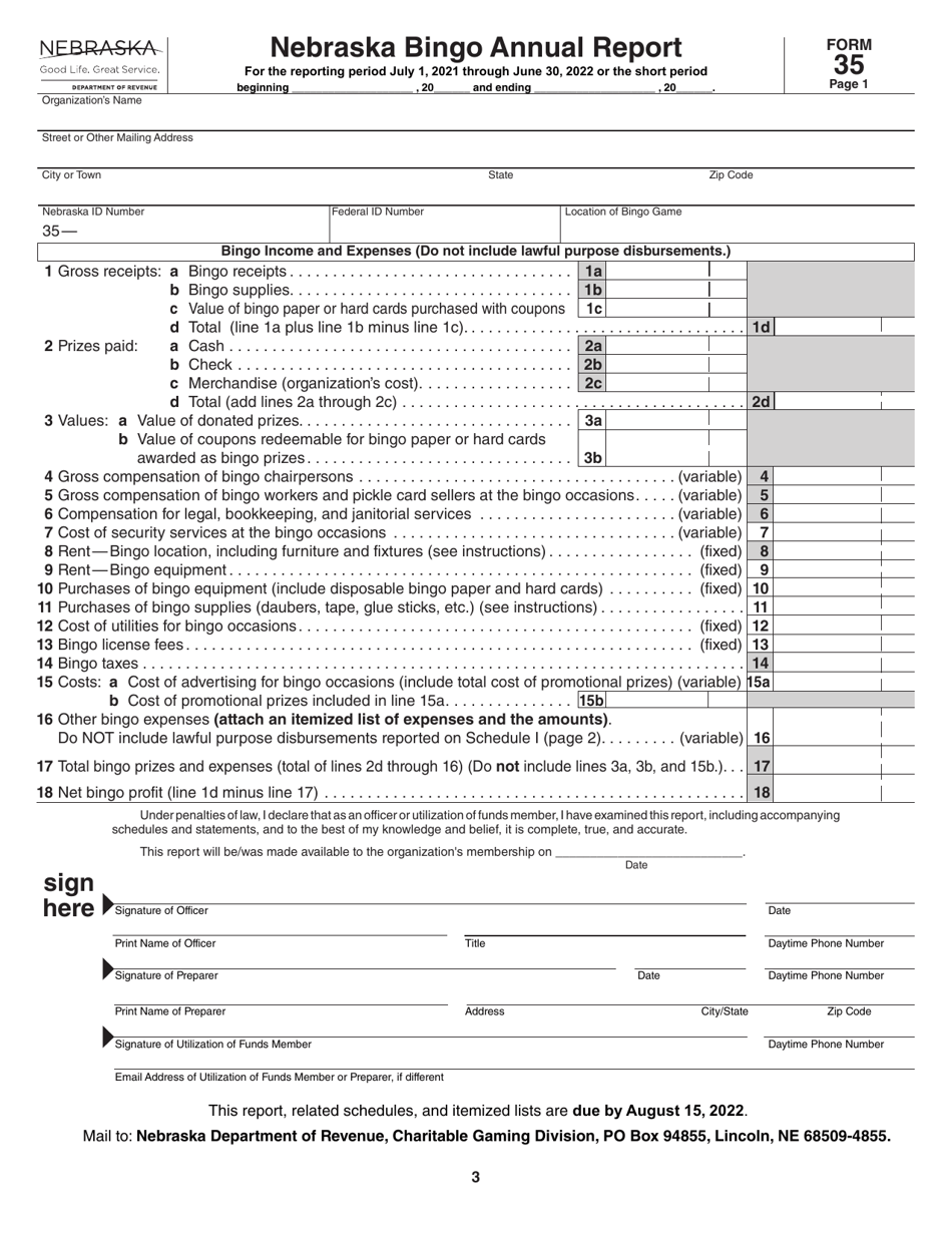 Form 35 Nebraska Class I Bingo Annual Report - Nebraska, Page 3