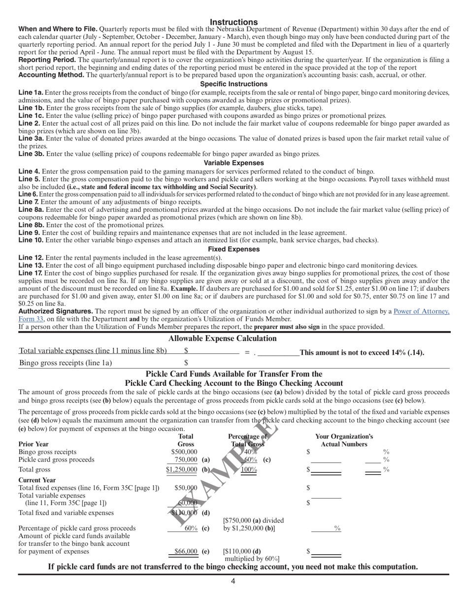 Form 35C Nebraska Class II Bingo Quarterly / Annual Report - Nebraska, Page 4