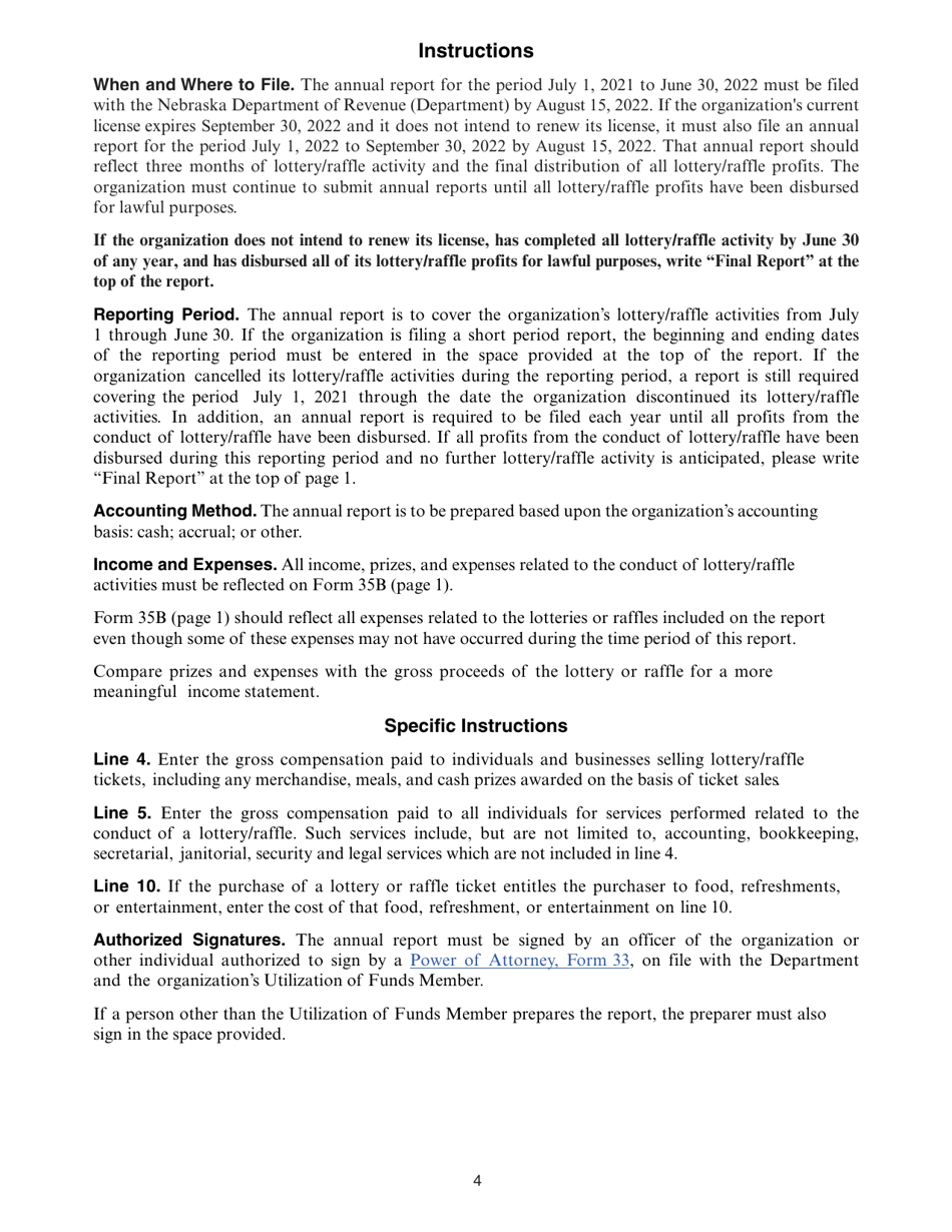 Form 35B Nebraska Lottery / Raffle Annual Report - Nebraska, Page 4