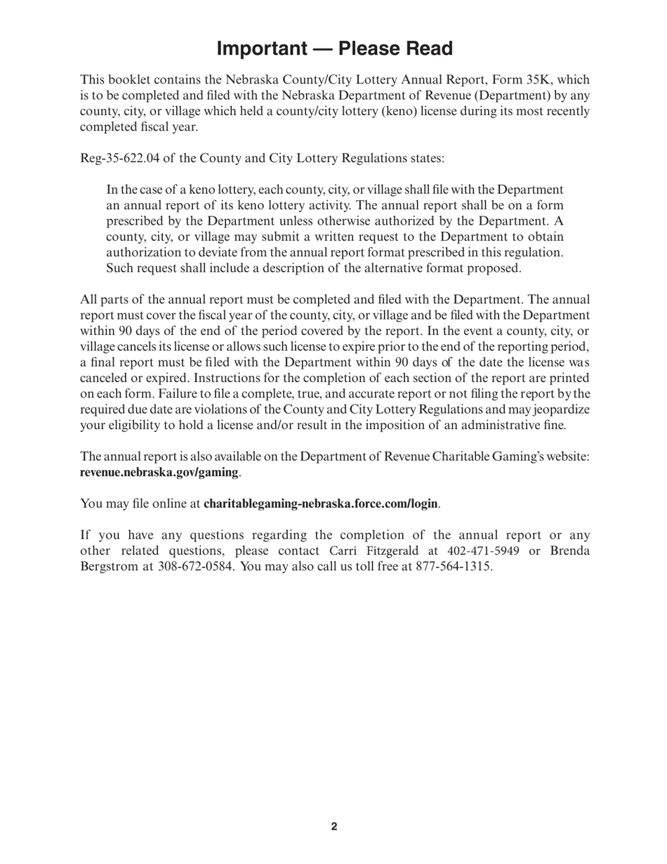 Form 35K Nebraska County / City Lottery Annual Report - Nebraska, Page 2