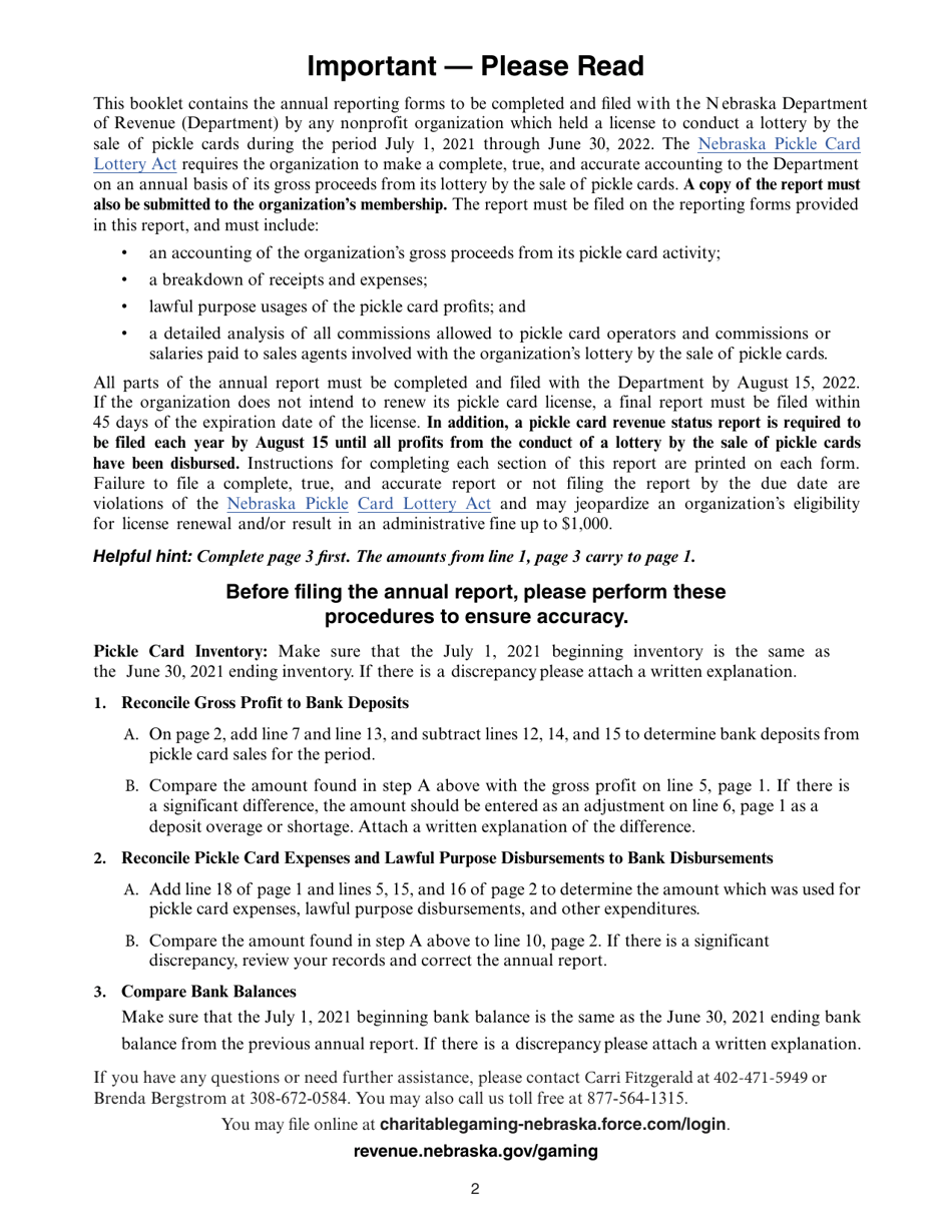 Form 35A Nebraska Lottery by Pickle Card Annual Report - Nebraska, Page 2