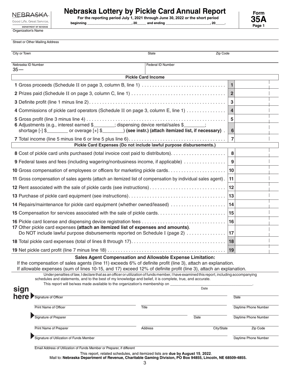 Form 35A Nebraska Lottery by Pickle Card Annual Report - Nebraska, Page 3