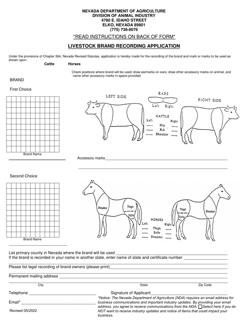 Nevada Livestock Brand Recording Application Form Fill Out Sign 