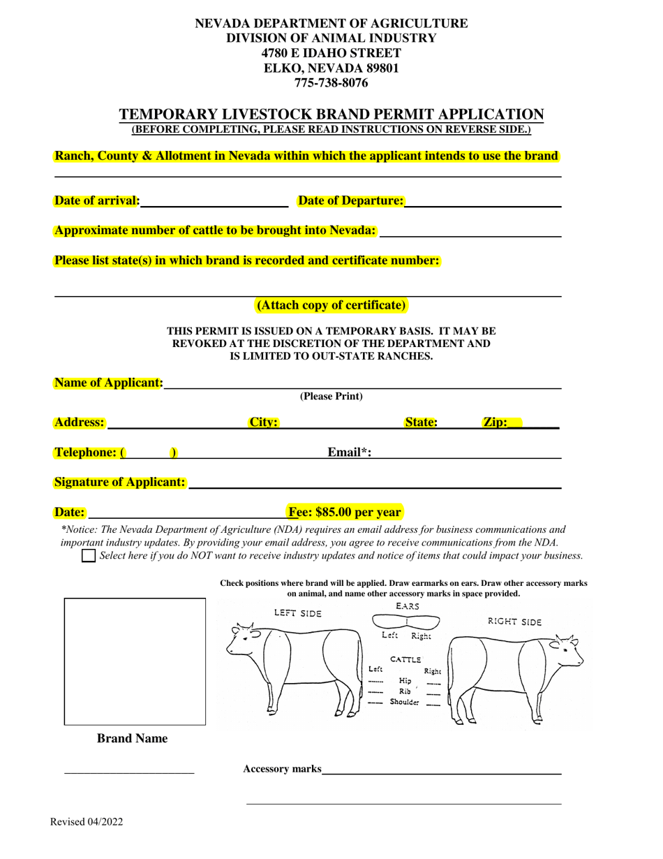 Temporary Livestock Brand Permit Application - Nevada, Page 1