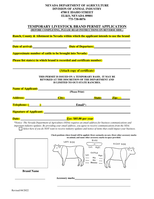 Temporary Livestock Brand Permit Application - Nevada Download Pdf