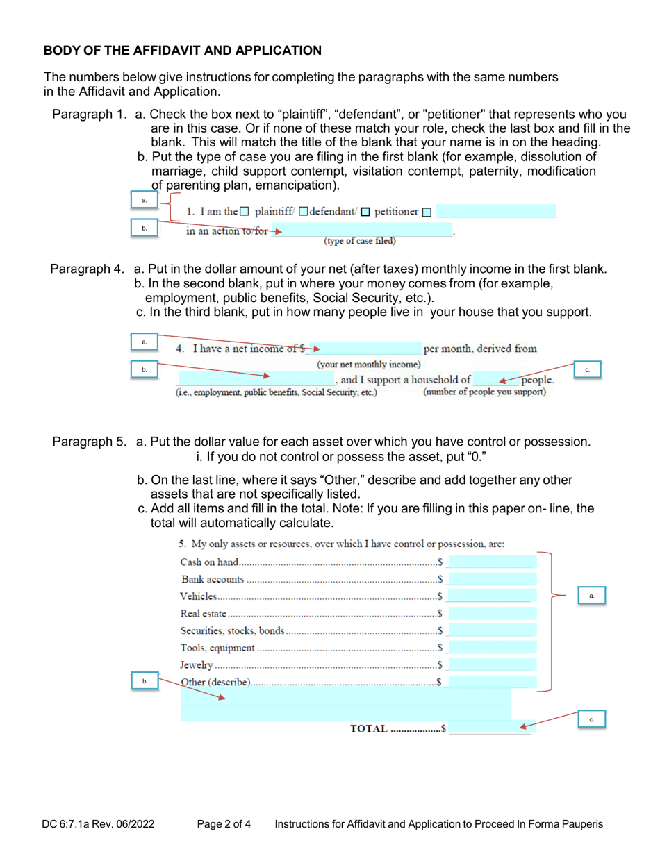 Instructions for Form DC6:7.1 Affidavit and Application to Proceed in Forma Pauperis (Request to Proceed Without Payment of Fees) - Nebraska, Page 2
