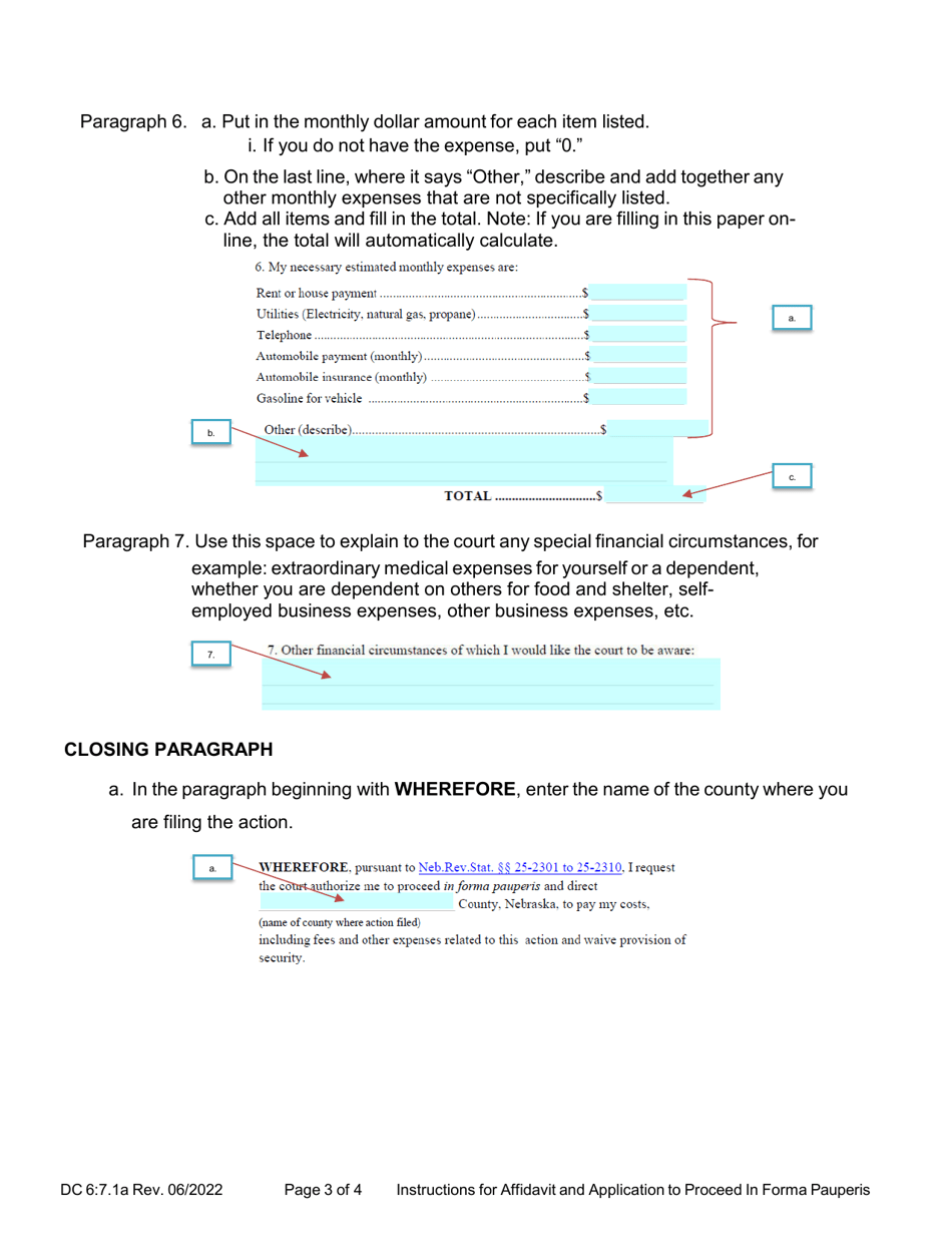 Instructions for Form DC6:7.1 Affidavit and Application to Proceed in Forma Pauperis (Request to Proceed Without Payment of Fees) - Nebraska, Page 3