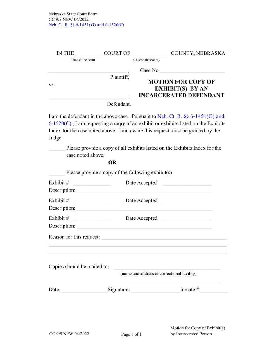 Form CC9:5 Motion for Copy of Exhibit(S) by an Incarcerated Defendant - Nebraska, Page 1