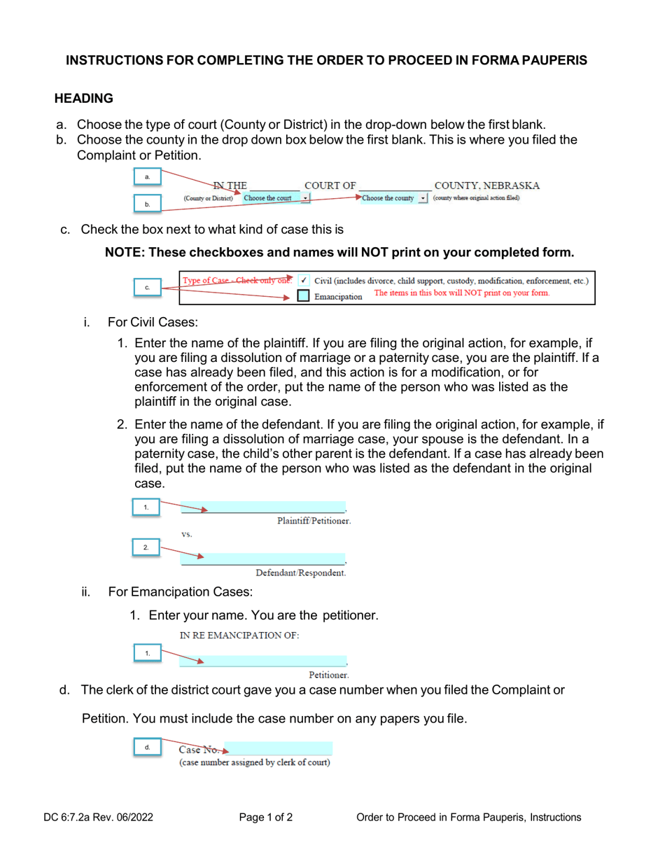 Instructions for Form DC6:7.2 Order to Proceed in Forma Pauperis - Nebraska, Page 1