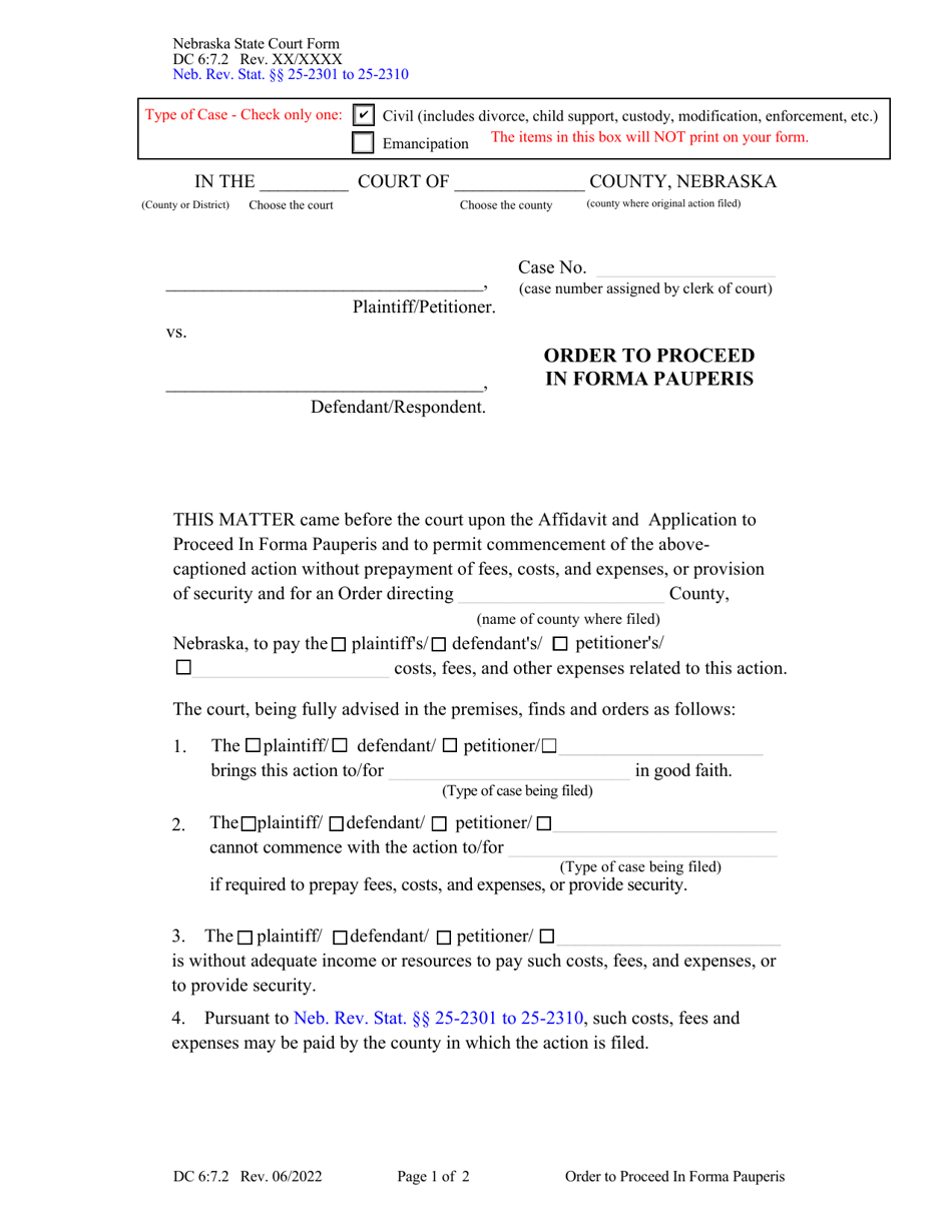 Form DC6:7.2 Order to Proceed in Forma Pauperis - Nebraska, Page 1