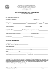 Document preview: Notice of Apprentice Completion - Nevada State Apprenticeship Council - Nevada