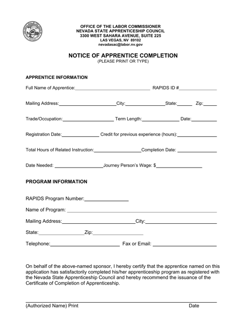 Notice of Apprentice Completion - Nevada State Apprenticeship Council - Nevada Download Pdf