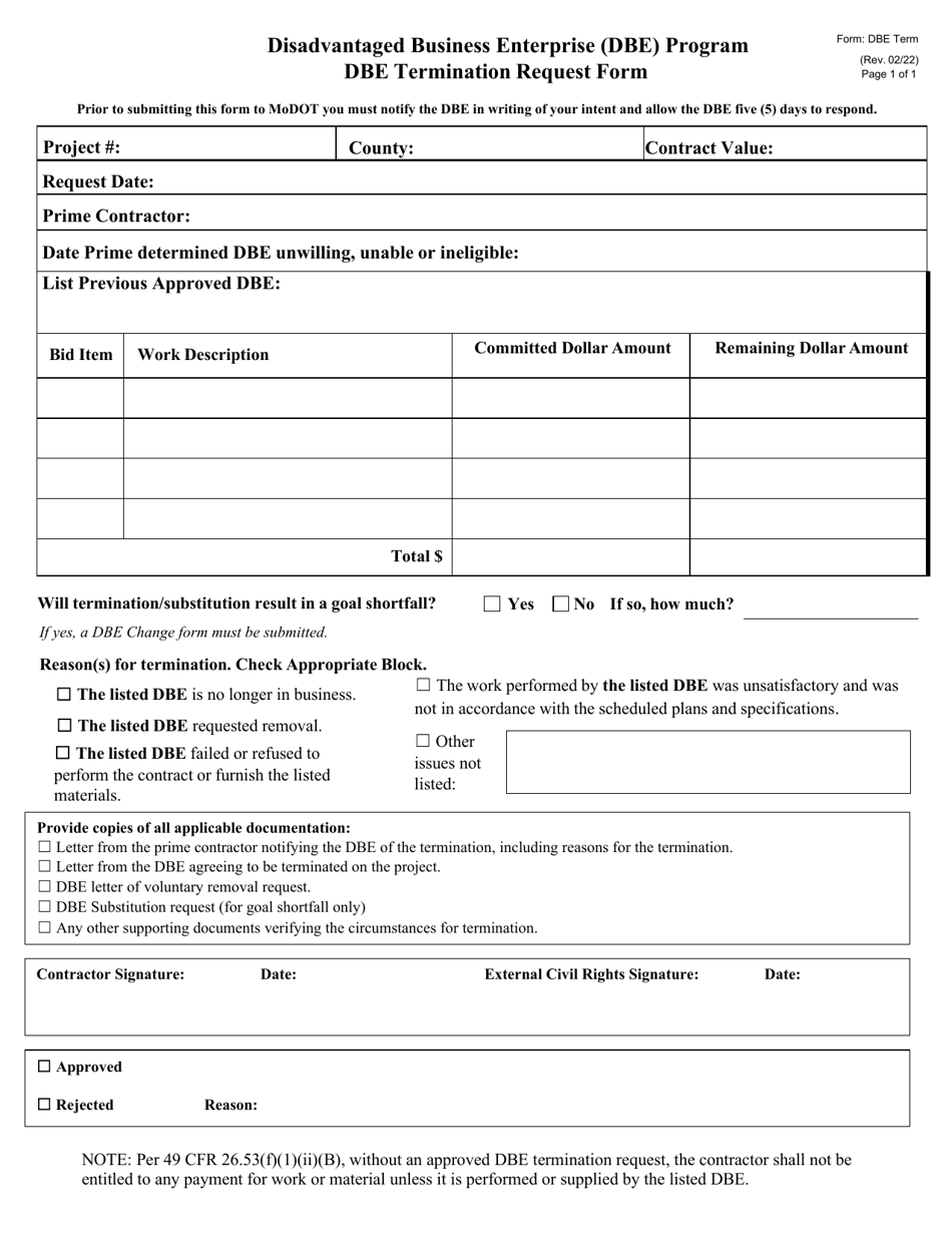 Dbe Termination Request Form - Missouri, Page 1