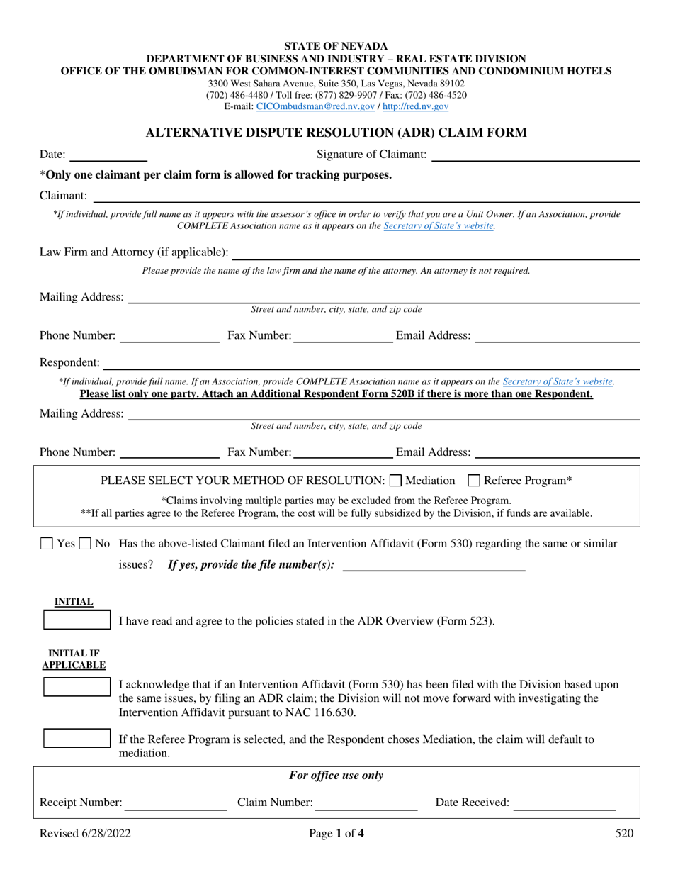 Form 520 Alternative Dispute Resolution (Adr) Claim Form - Nevada, Page 1