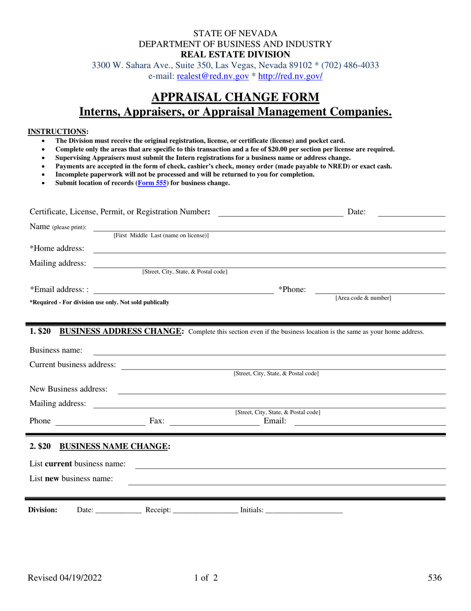 Form 536 Appraisal Change Form - Interns, Appraisers, or Appraisal Management Companies. - Nevada, Page 1