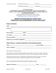 Document preview: Form 780 Request for Record of Complaints: Community Manager/Reserve Study Specialist - Nevada