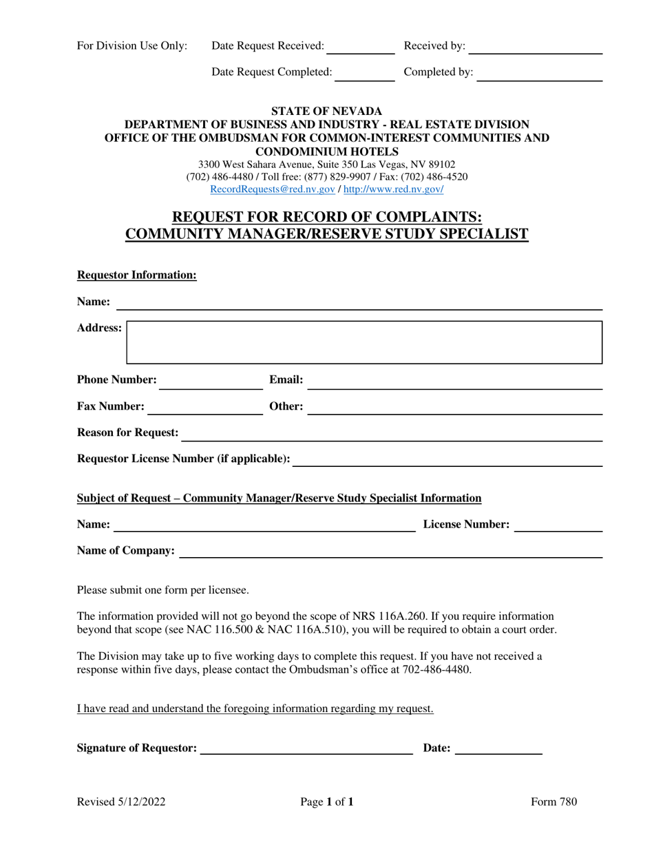 Form 780 Request for Record of Complaints: Community Manager / Reserve Study Specialist - Nevada, Page 1
