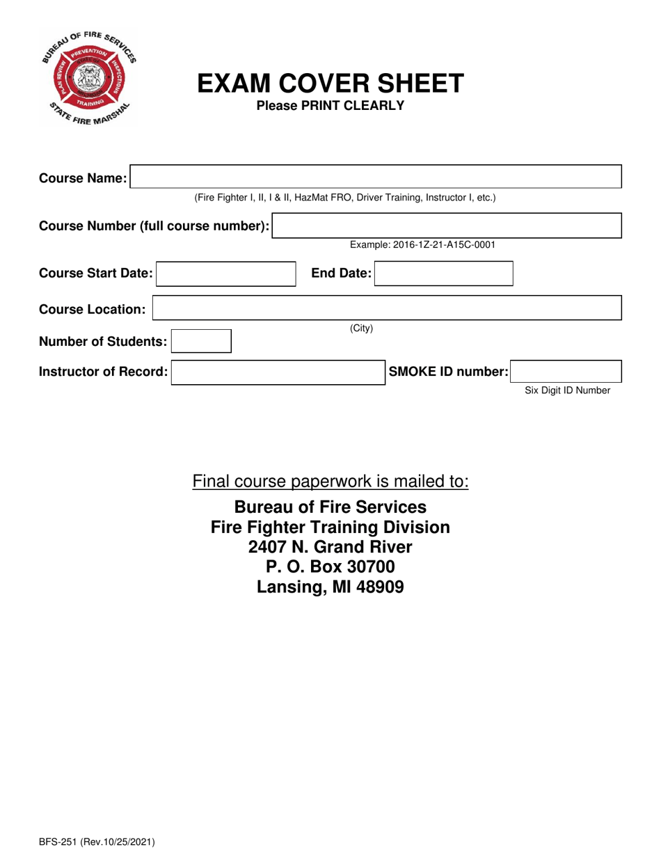 Form BFS-251 Exam Cover Sheet - Michigan, Page 1
