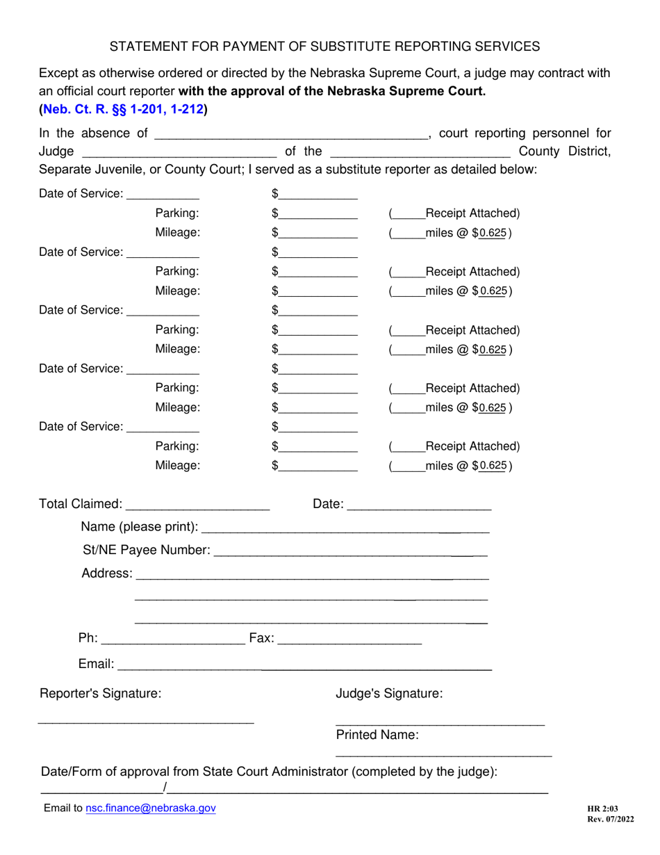 Form HR2:03 Statement for Payment of Substitute Reporting Services - Nebraska, Page 1