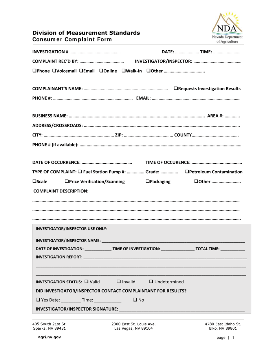 Division of Measurement Standards Consumer Complaint Form - Nevada, Page 1