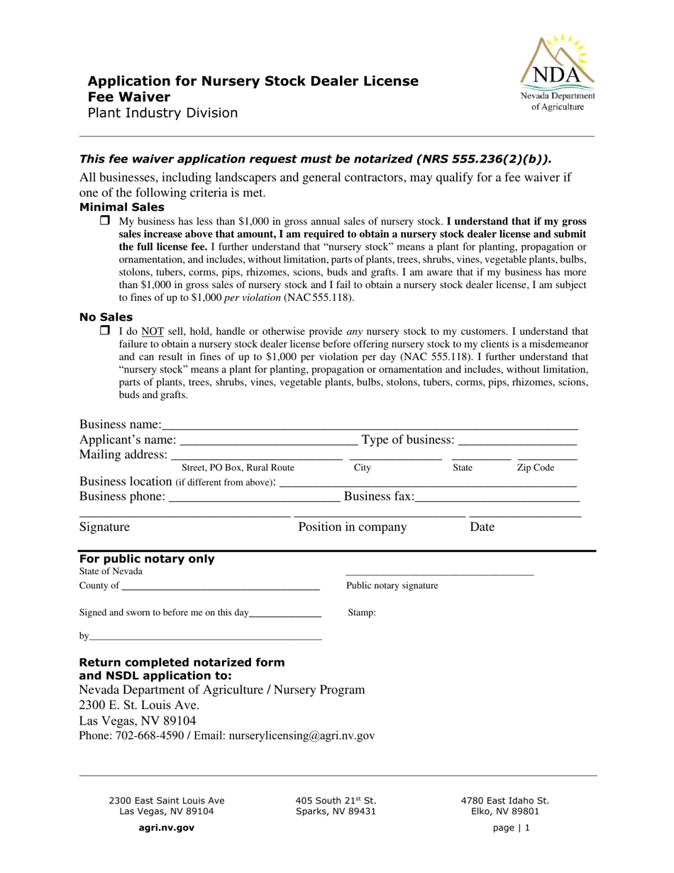 Application for Nursery Stock Dealer License Fee Waiver - Nevada, Page 1