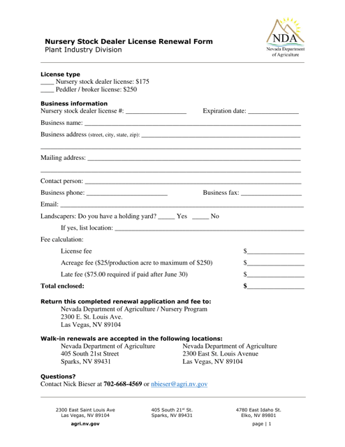 Nevada Nursery Stock Dealer License Renewal Form Download Fillable PDF