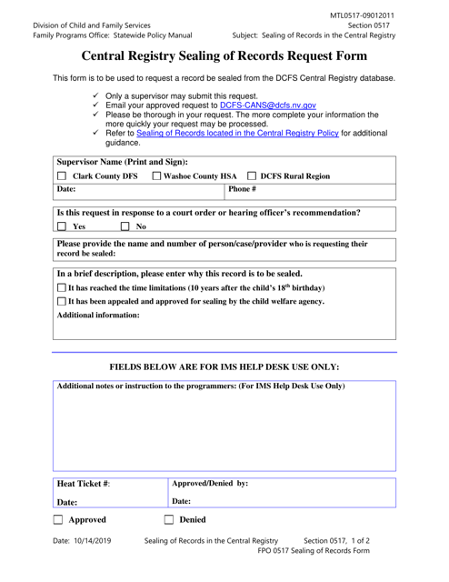 Central Registry Sealing of Records Request Form - Nevada Download Pdf