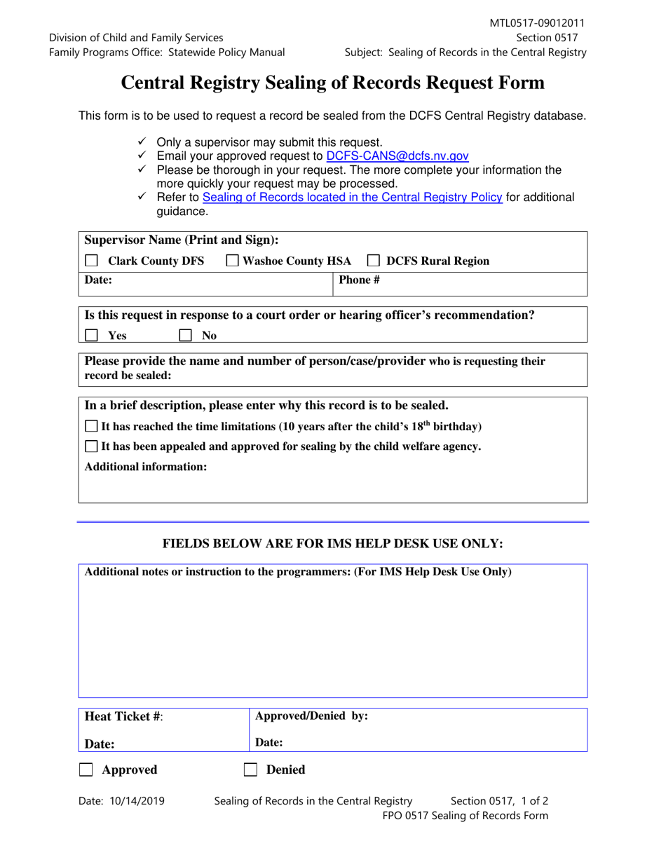 Nevada Central Registry Sealing Of Records Request Form Fill Out Sign Online And Download Pdf 2149