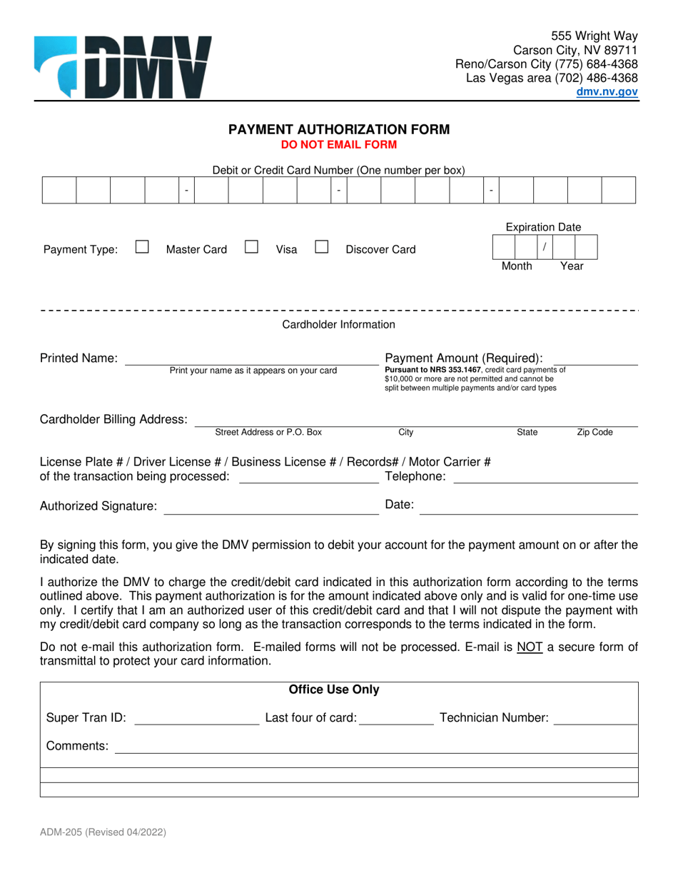Form ADM-205 Payment Authorization Form - Carson City, Nevada, Page 1