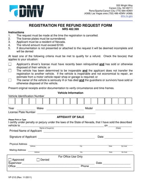 Form VP-210 Registration Fee Refund Request Form - Carson City, Nevada