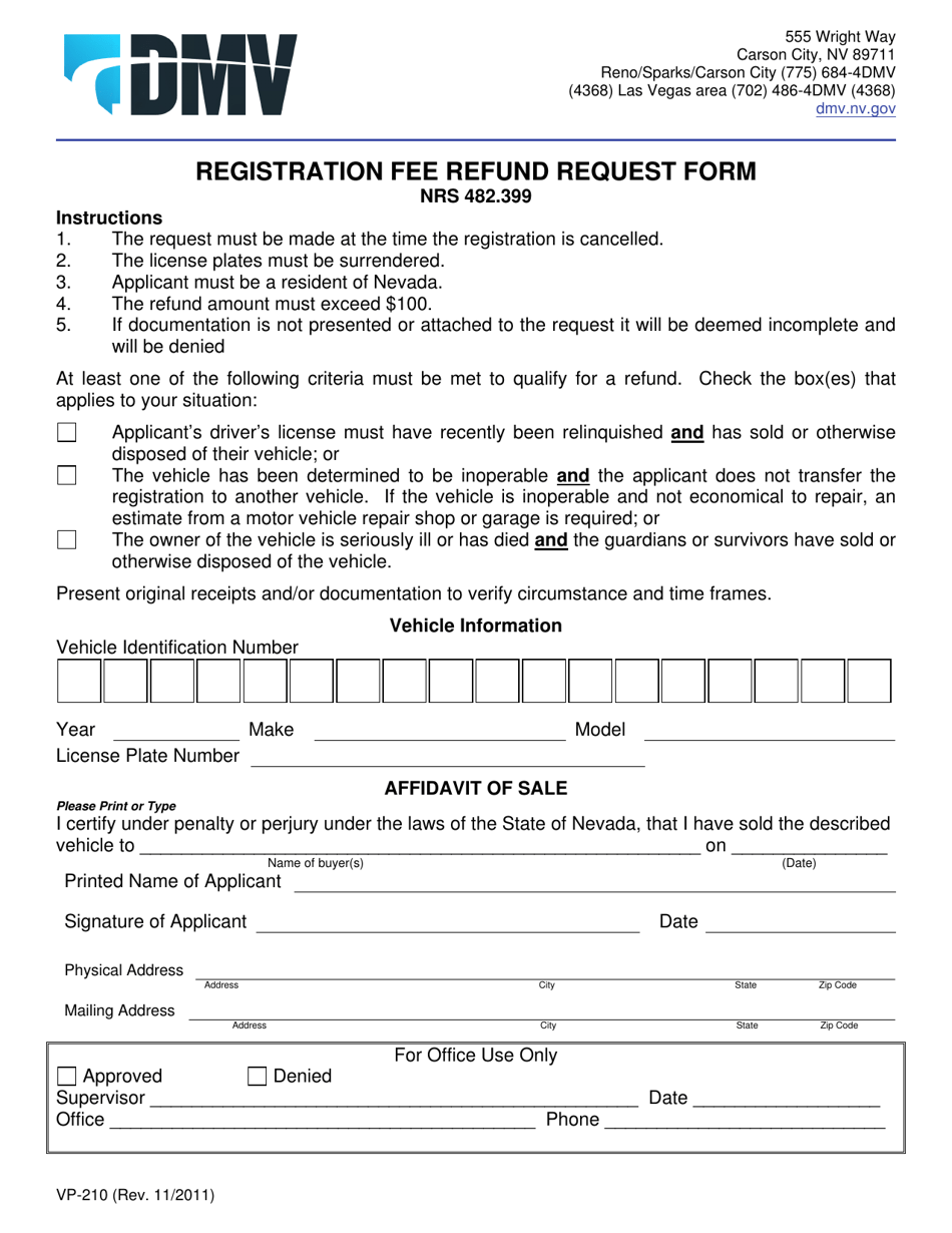 Form VP-210 Registration Fee Refund Request Form - Carson City, Nevada, Page 1