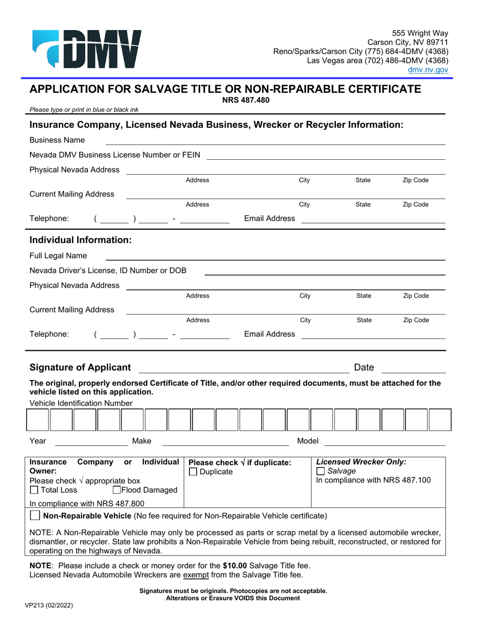 Form VP213 Application for Salvage Title or Non-repairable Certificate - Carson City, Nevada, Page 1