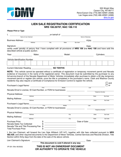 Form VP-201 Lien Sale Registration Certification - Carson City, Nevada