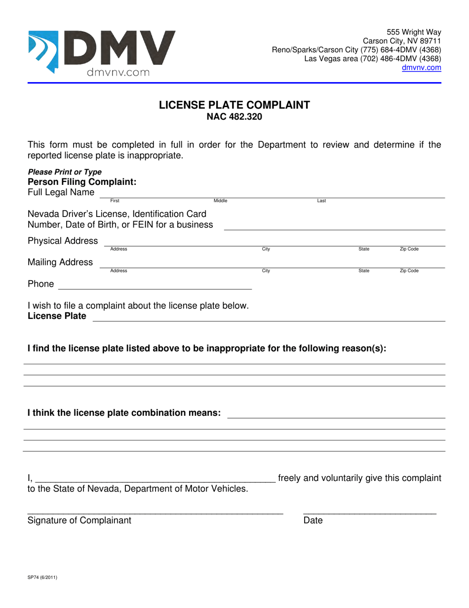 Form SP74 License Plate Complaint - Nevada, Page 1