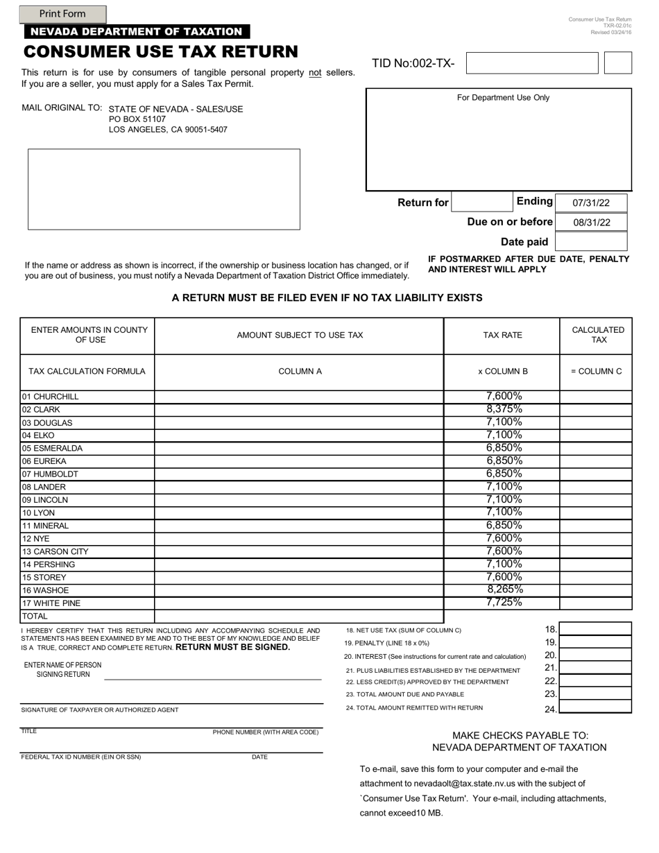 Form TXR-02.01C Consumer Use Tax Return - Nevada, Page 1