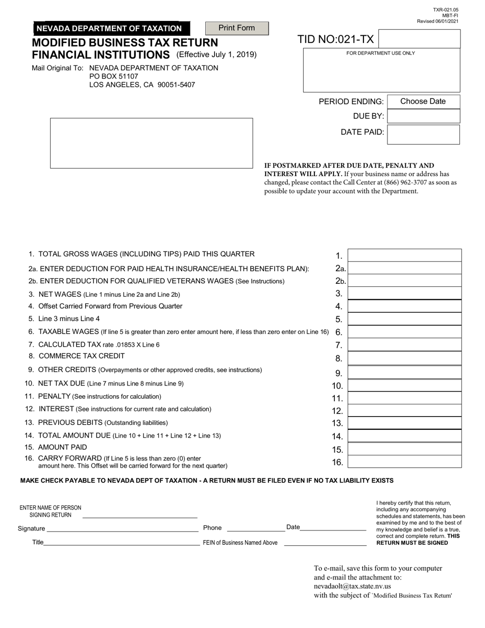 Form TXR-021.05 Modified Business Tax Return Financial Institutions - Nevada, Page 1