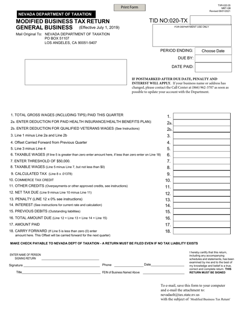 Form TXR-020.05 Modified Business Tax Return General Business - Nevada