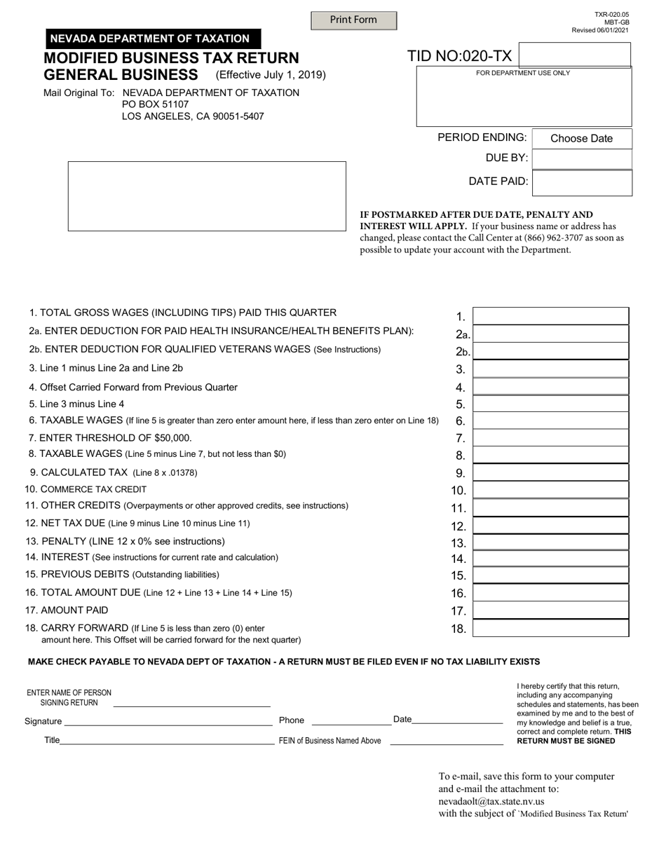 Form TXR-020.05 Modified Business Tax Return General Business - Nevada, Page 1