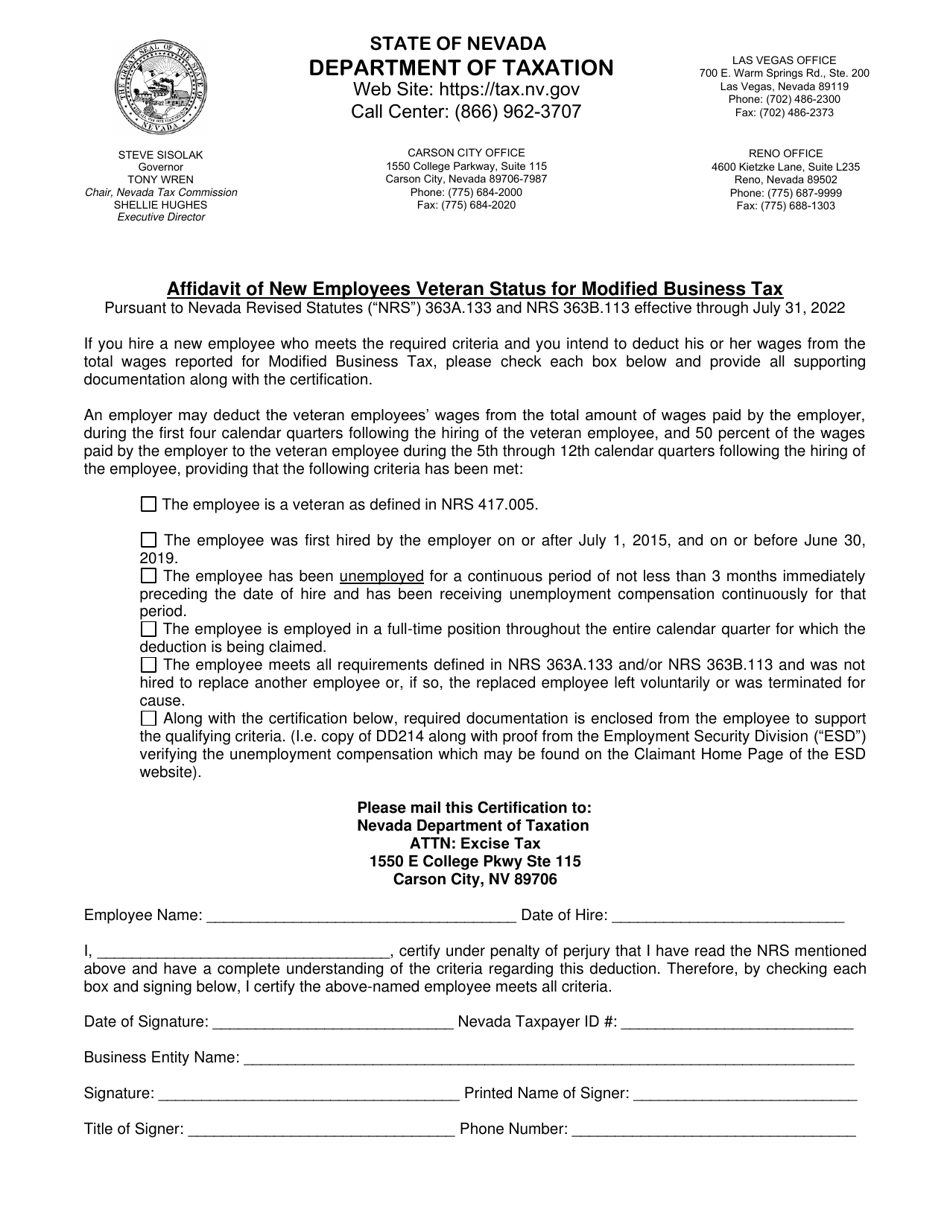 Affidavit of New Employees Veteran Status for Modified Business Tax - Nevada, Page 1